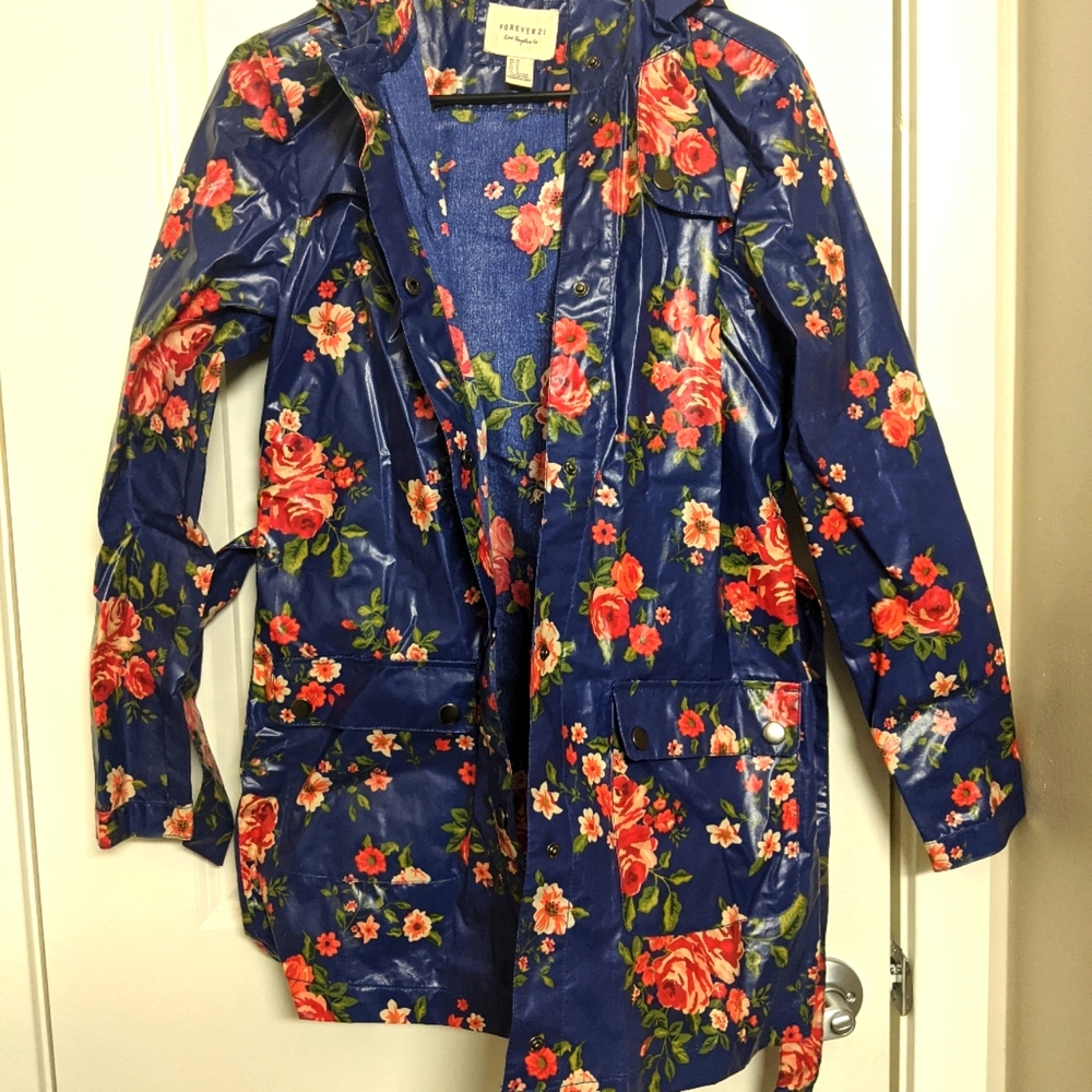 Forever 21 Blue & Orange Floral Raincoat